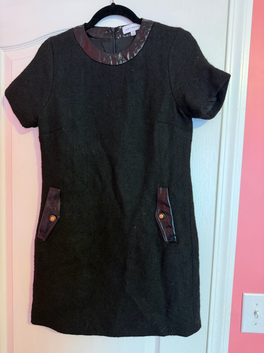 Lost & Wander Black Short Sleeve Shift Dress with Faux Leather Trim